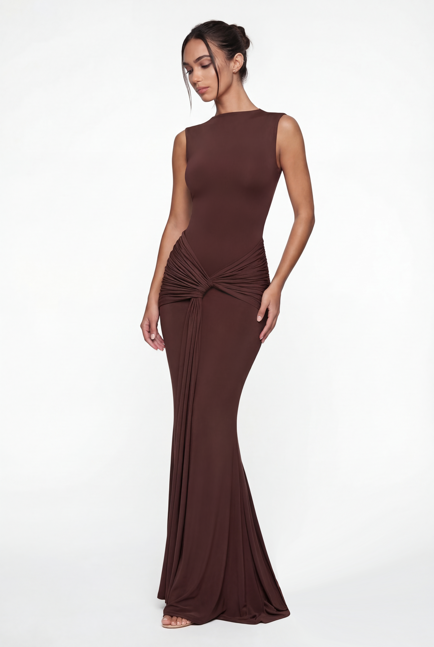 Glinda Sculpted Draped Maxi Dress - Brown