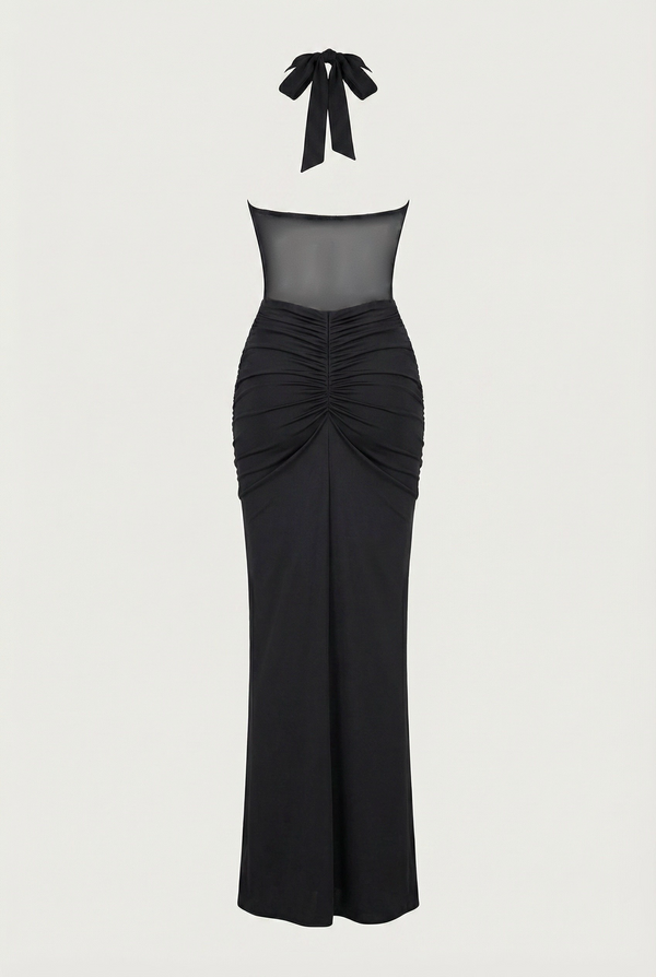Angela Sheer Corset Halter Maxi Dress - Black