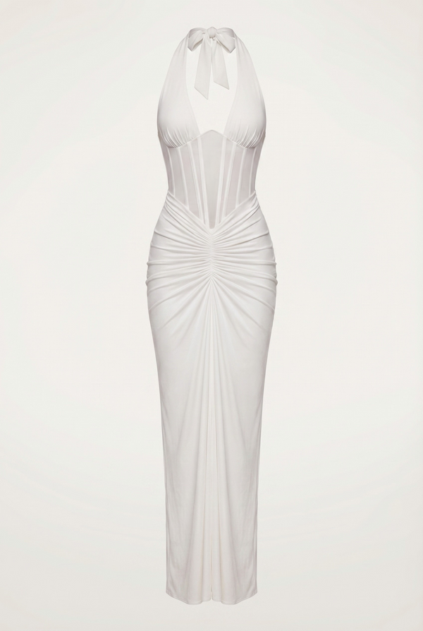 Angela Sheer Corset Halter Maxi Dress - White