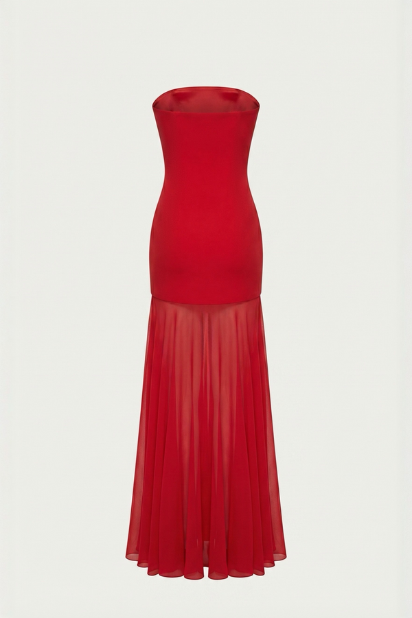 Avery Strapless Sculpted Maxi Dress with Scarf - Red