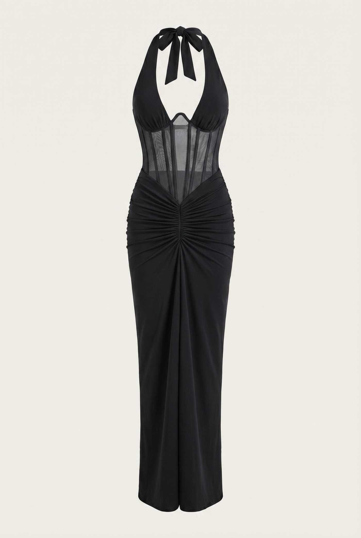 Angela Sheer Corset Halter Maxi Dress - Black