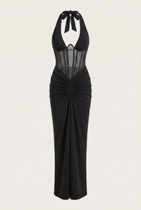 Angela Sheer Corset Halter Maxi Dress - Black