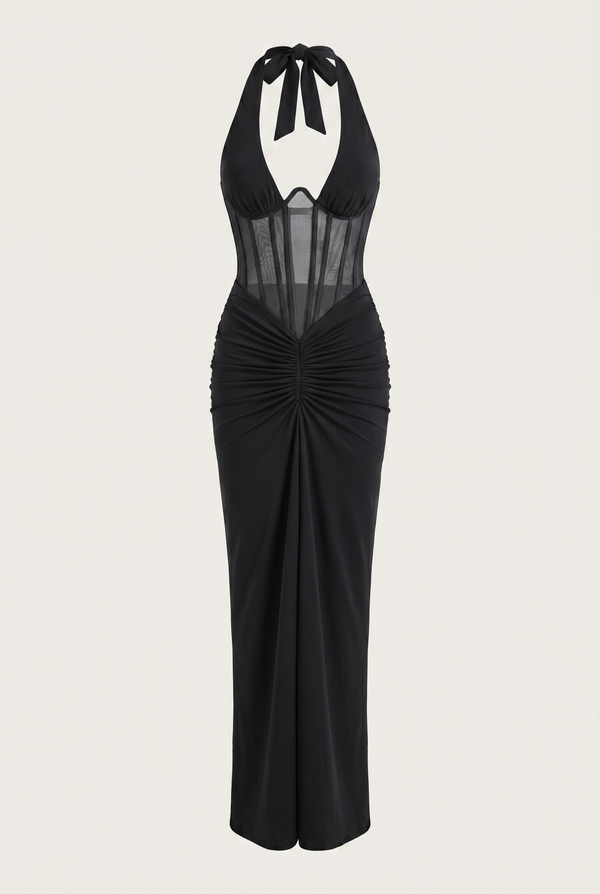 Angela Sheer Corset Halter Maxi Dress - Black