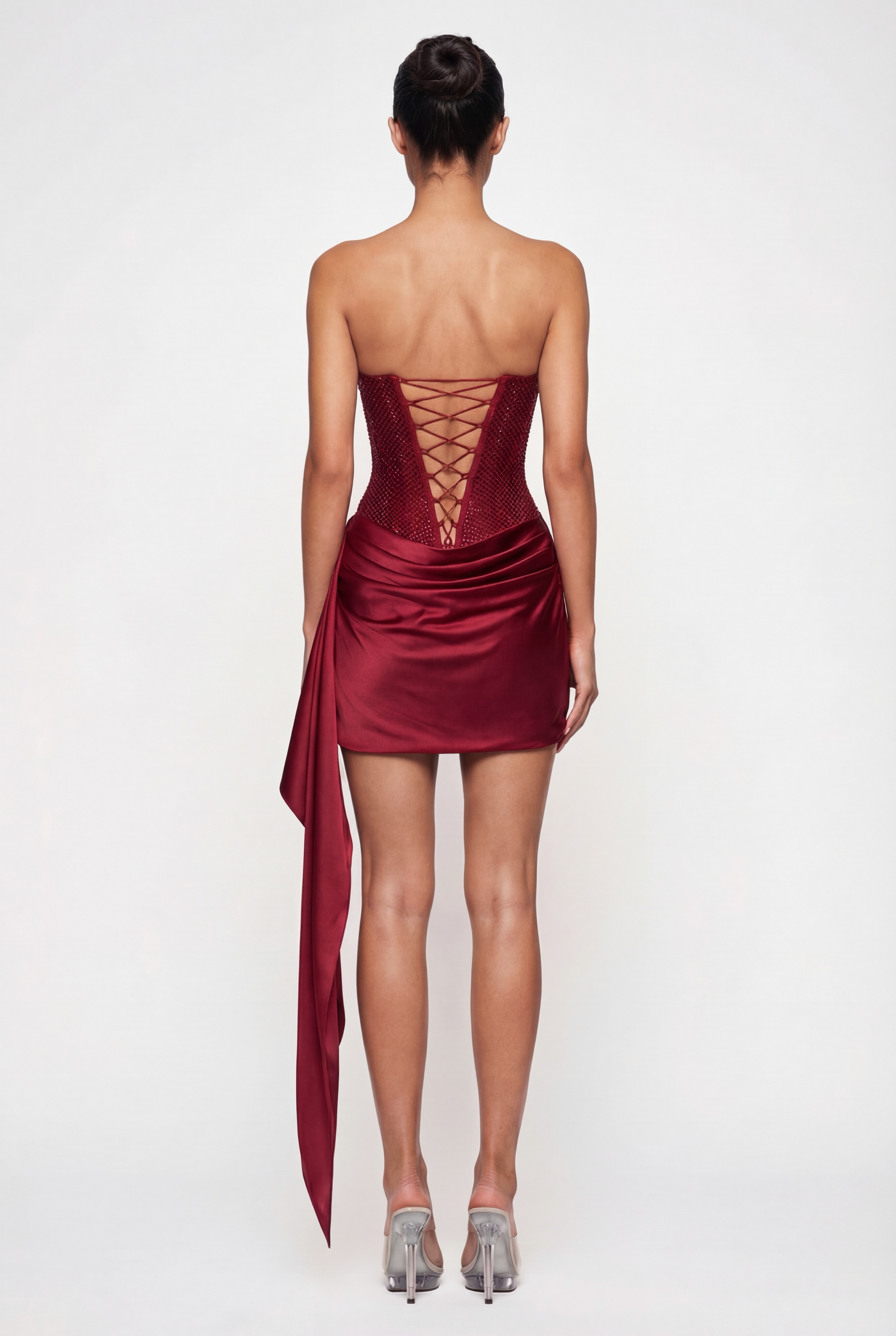 Alessandra Crystal Corset Mini Dress – Burgundy