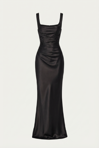 Angelina Structured Satin Corset Maxi Dress with Scarf - Black