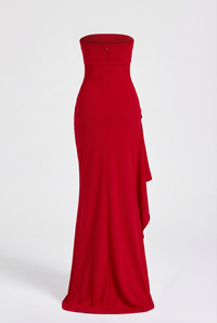 Elyna Strapless Draped High-Slit Maxi Dress – Red