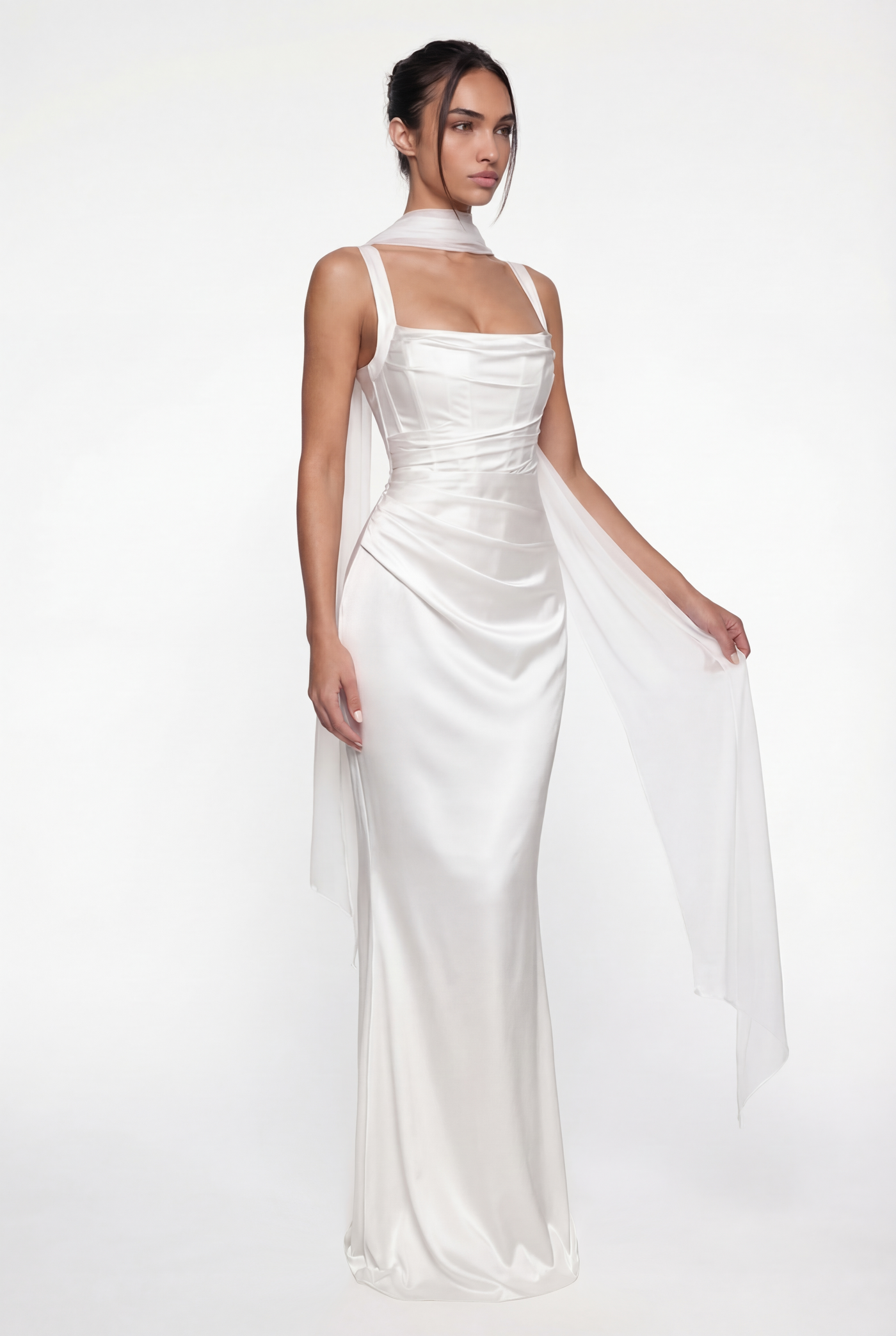 Angelina Structured Satin Corset Maxi Dress with Scarf - White