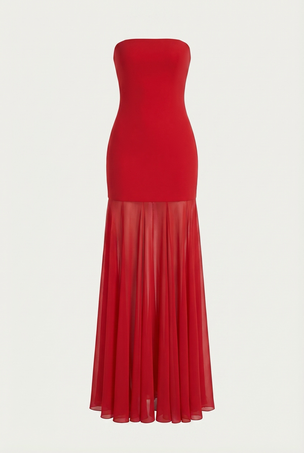 Avery Strapless Sculpted Maxi Dress with Scarf - Red