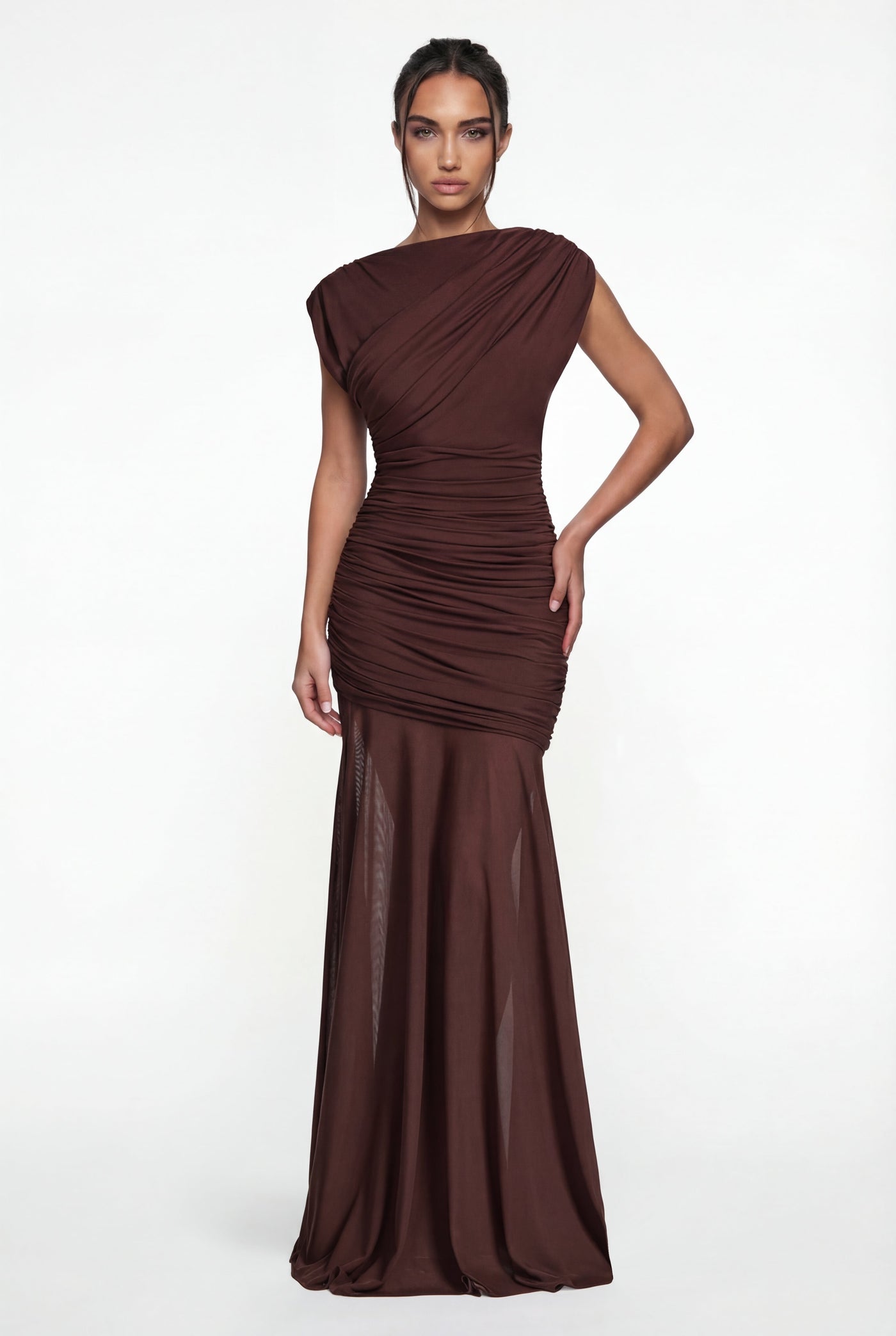 Amaya Sculpted Drape Maxi Dress - Brown
