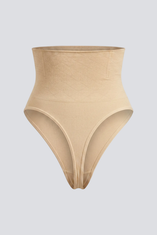 Beige high-waisted shapewear bottom on a light gray background