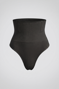 Black high-waisted shapewear on a light gray background