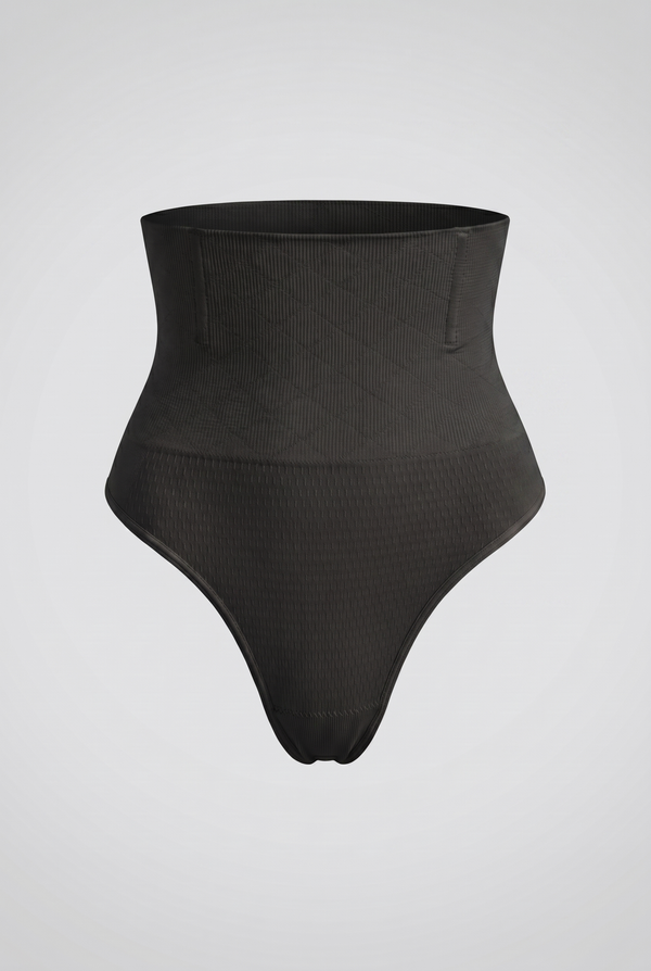 Black high-waisted shapewear on a light gray background