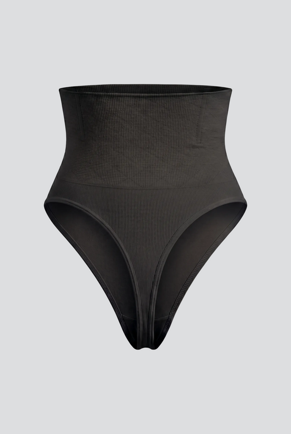 Black high-waisted shapewear on a light gray background