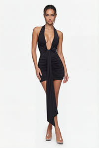 Marcel Ruched Halter Mini Dress – Black