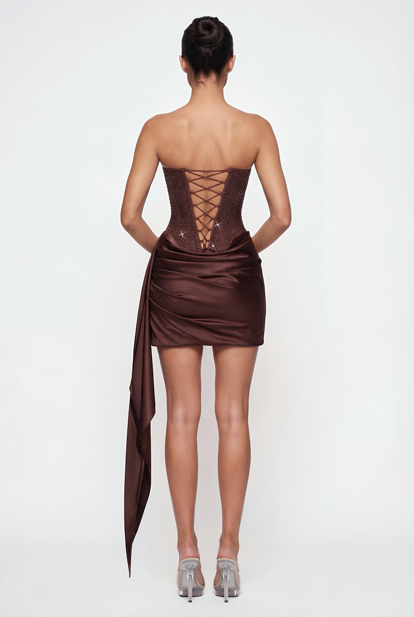 Alessandra Crystal Corset Mini Dress - Brown