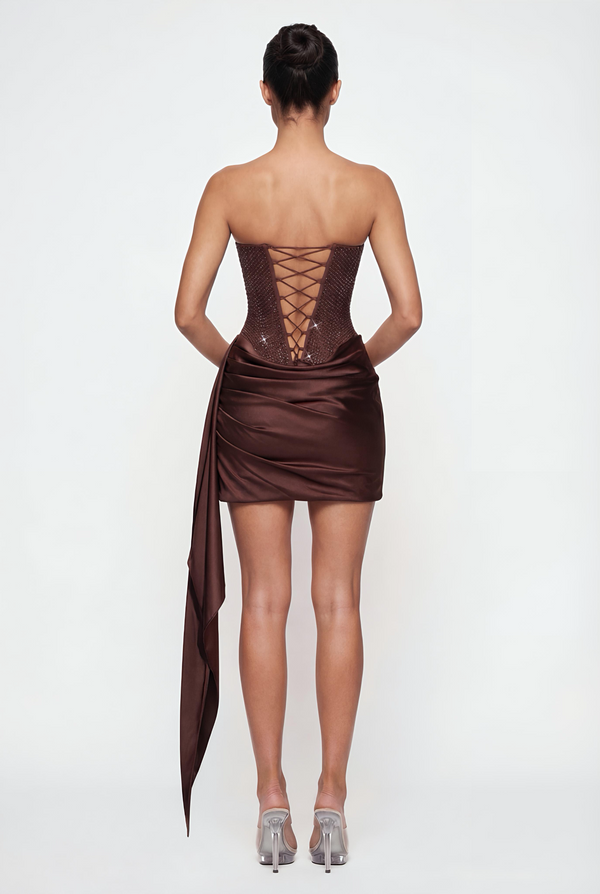 Alessandra Crystal Corset Mini Dress - Brown