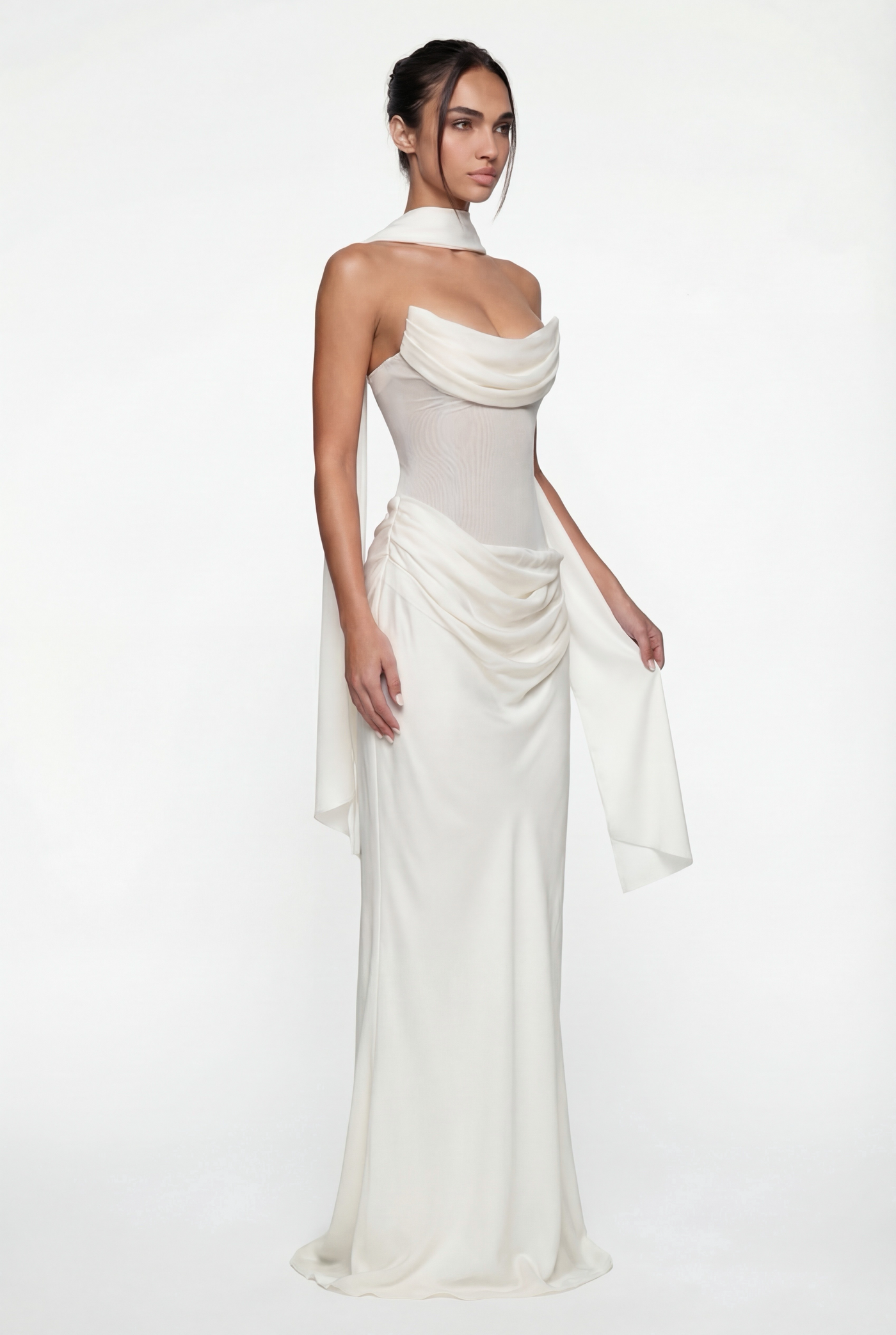 Andina Draped Corset Maxi Dress with Gloves & Scarf - White