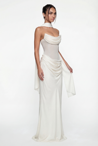 Andina Draped Corset Maxi Dress with Gloves & Scarf - White