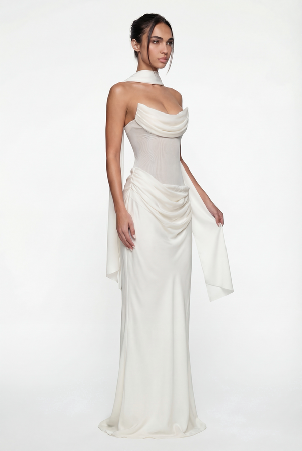 Andina Draped Corset Maxi Dress with Gloves & Scarf - White
