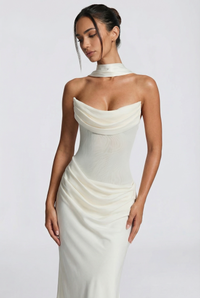 Andina Draped Corset Maxi Dress with Gloves & Scarf - White