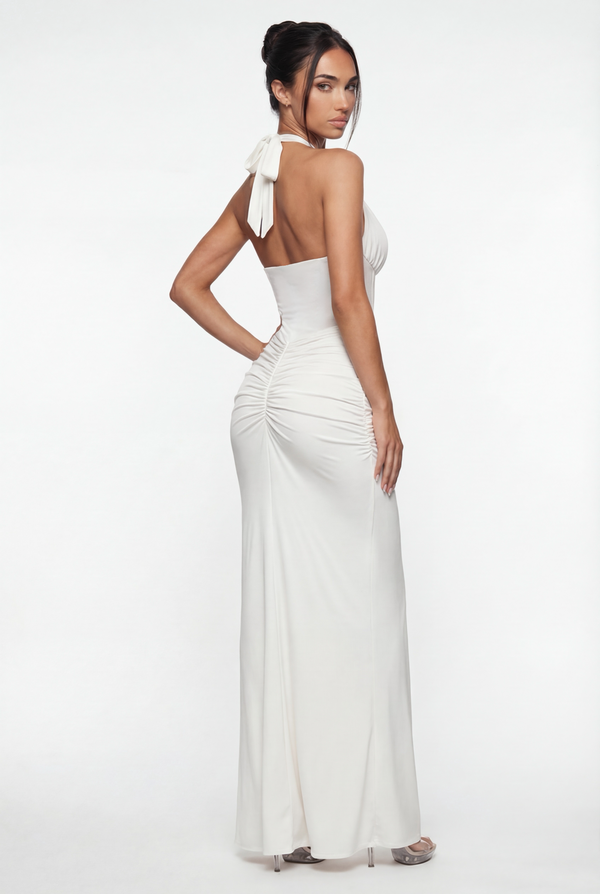 Angela Sheer Corset Halter Maxi Dress - White