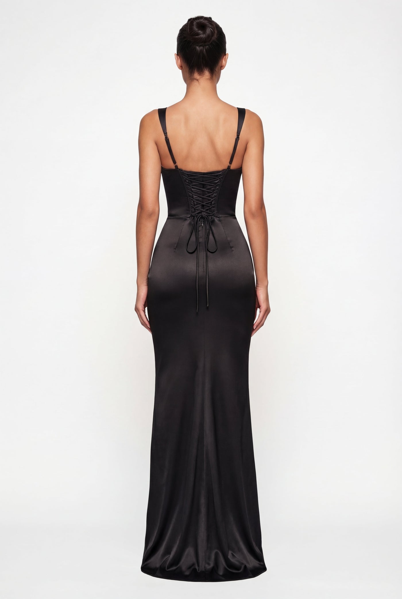 Angelina Structured Satin Corset Maxi Dress with Scarf - Black