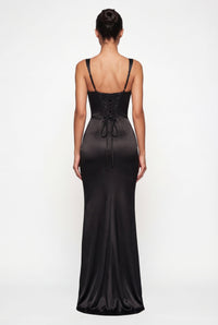 Angelina Structured Satin Corset Maxi Dress with Scarf - Black