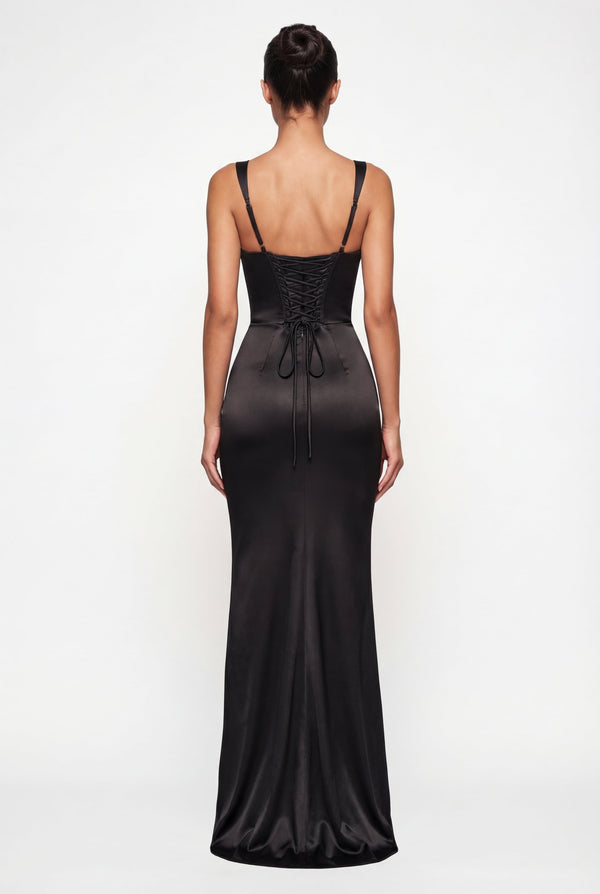 Angelina Structured Satin Corset Maxi Dress with Scarf - Black