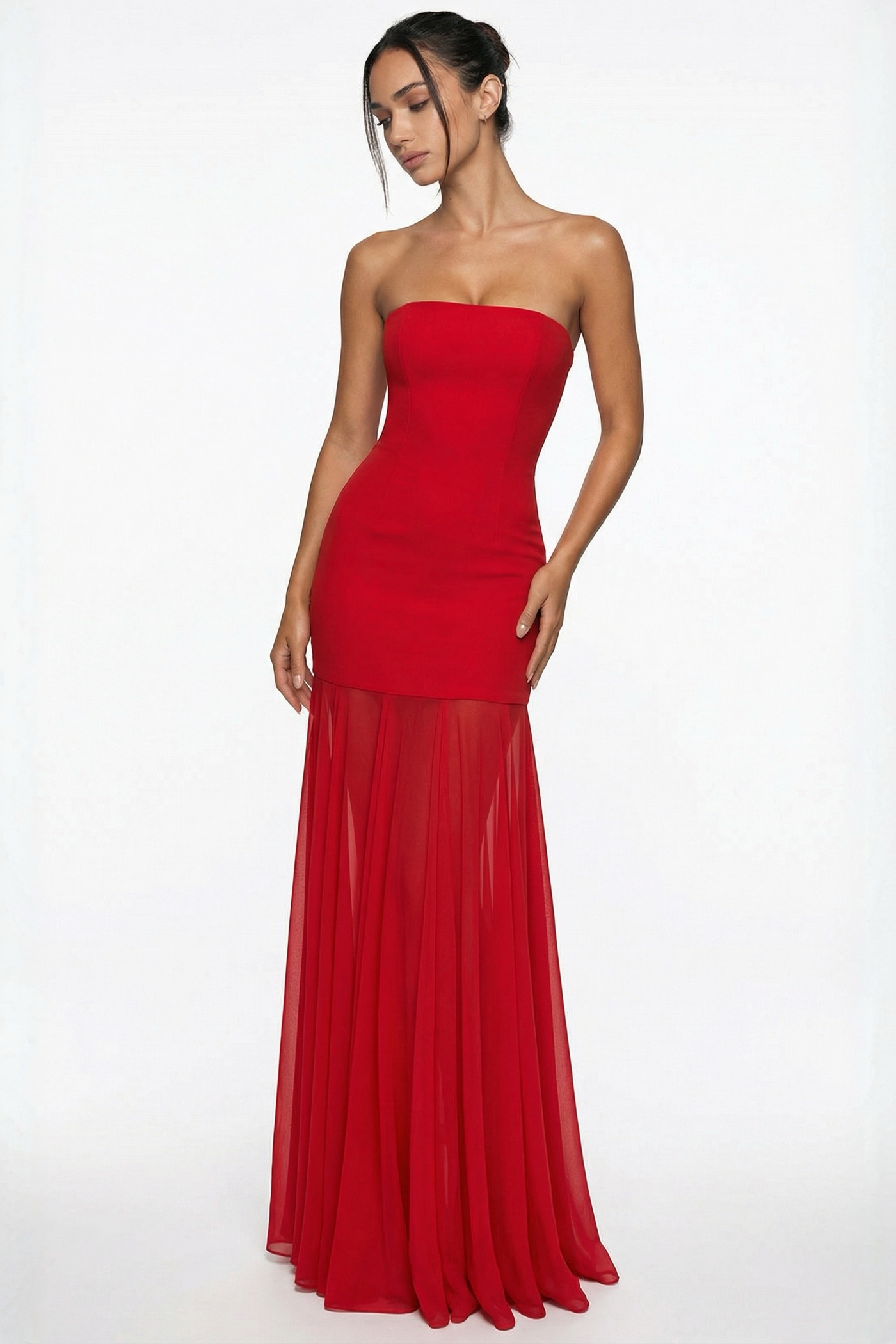 Avery Strapless Sculpted Maxi Dress with Scarf - Red
