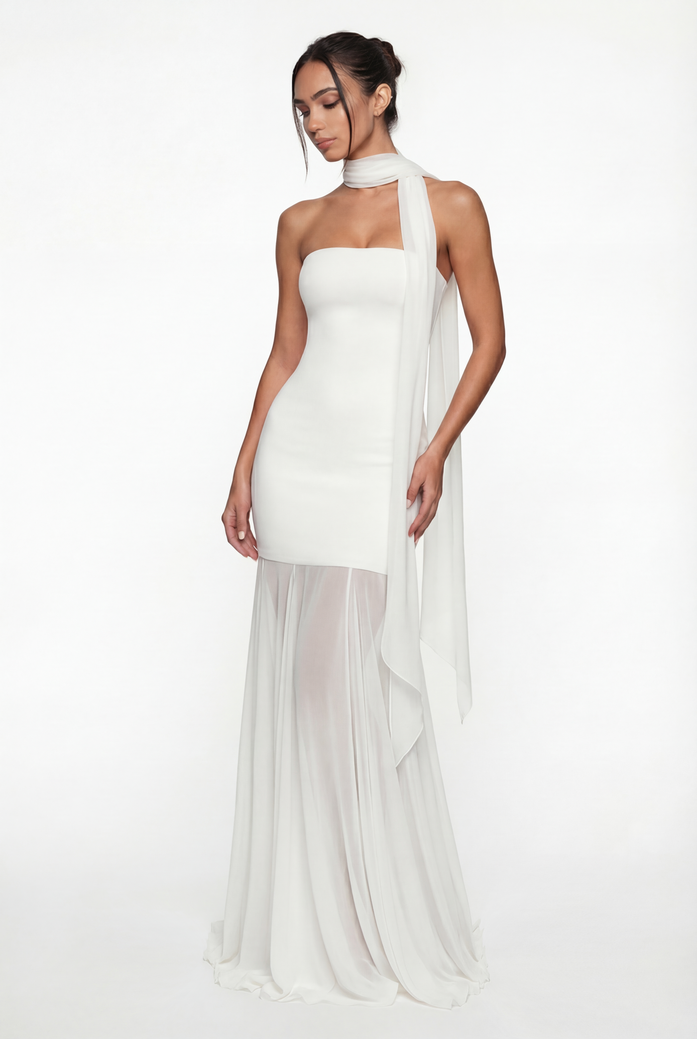 Avery Strapless Sculpted Maxi Dress with Scarf - White