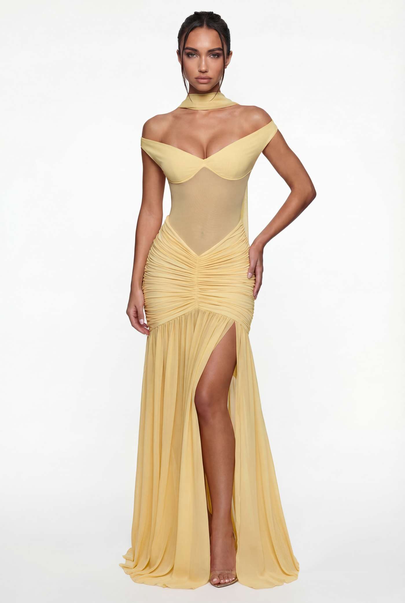 Beatrix Sheer Maxi Dress with Scarf – Yellow