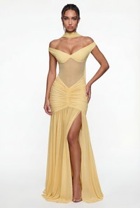 Beatrix Sheer Maxi Dress with Scarf – Yellow