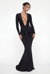 Bella Ruched Deep Plunge Maxi Dress – Black