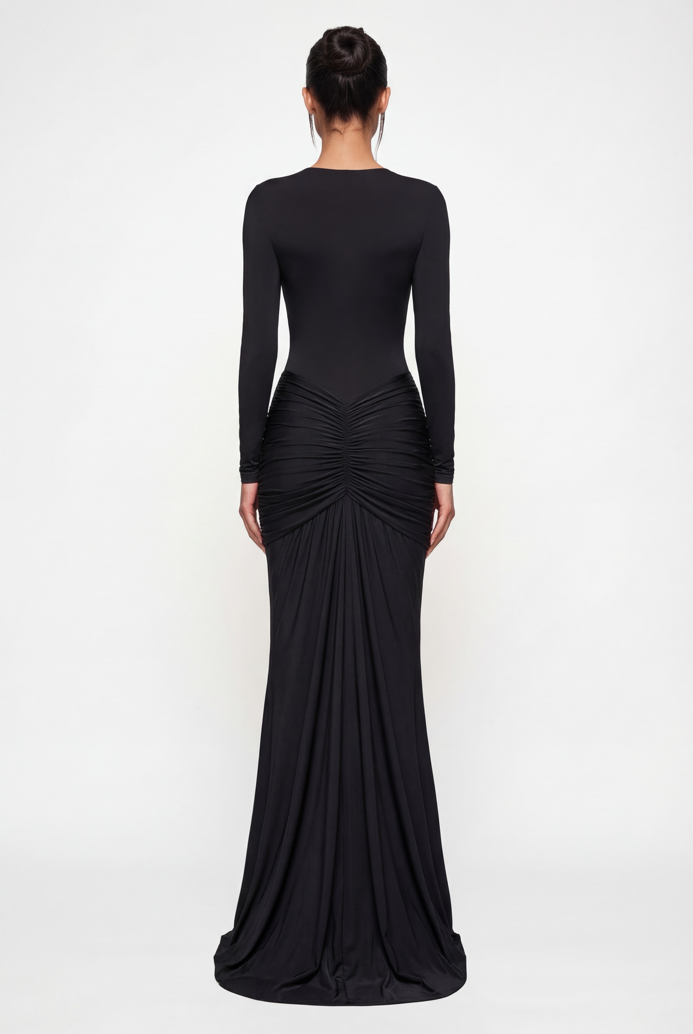 Bella Ruched Deep Plunge Maxi Dress – Black