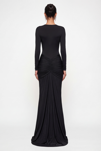 Bella Ruched Deep Plunge Maxi Dress – Black