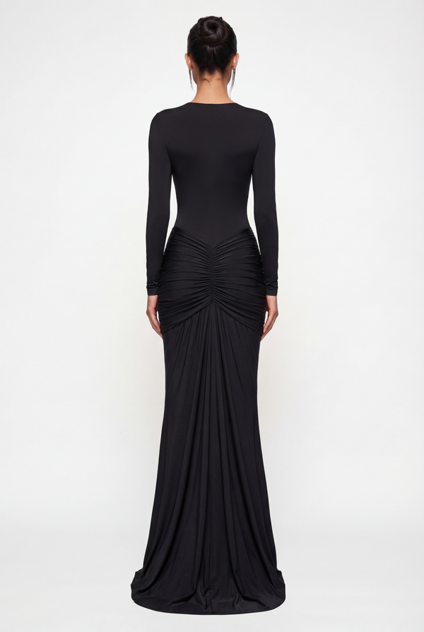 Bella Ruched Deep Plunge Maxi Dress – Black