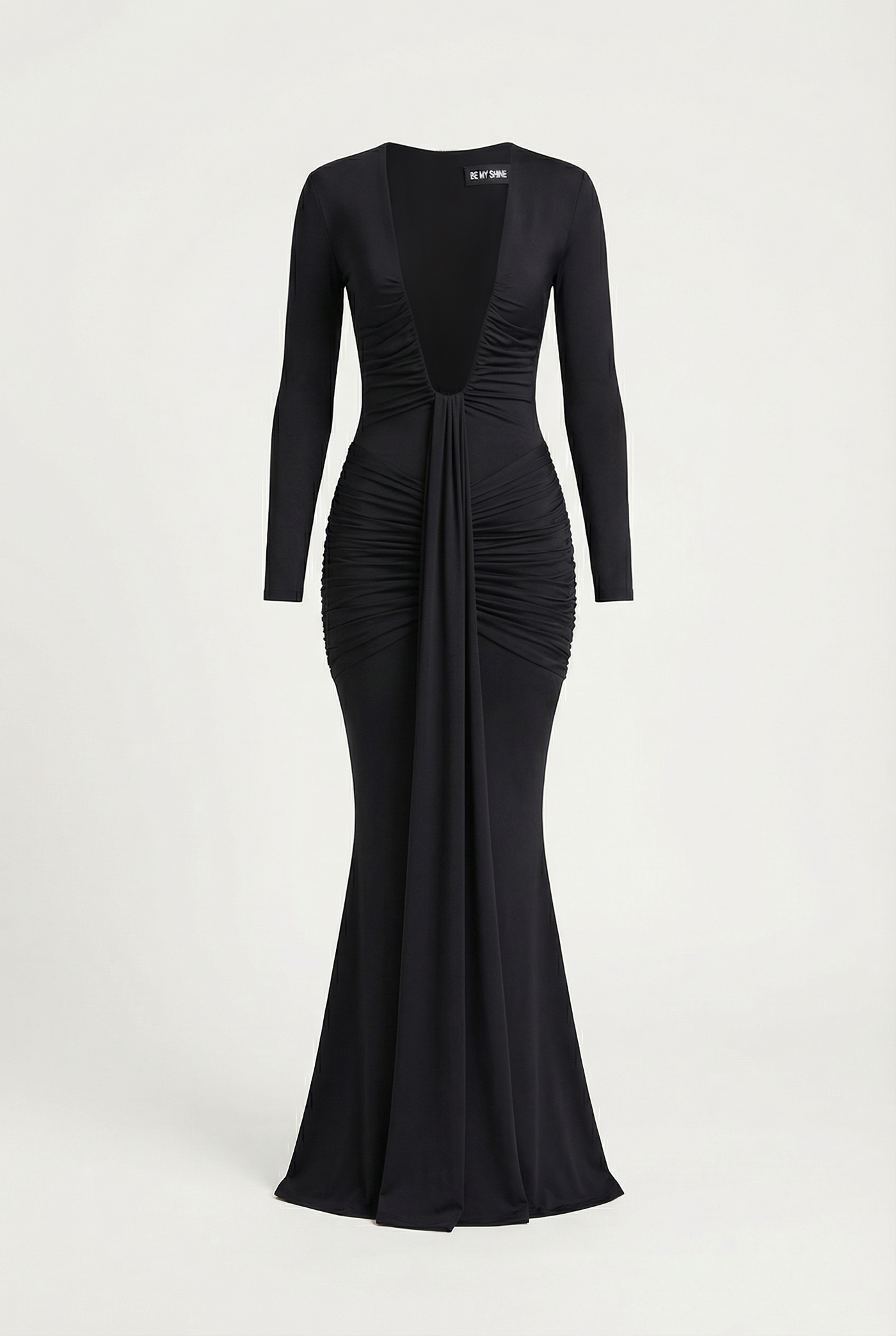 Bella Ruched Deep Plunge Maxi Dress – Black