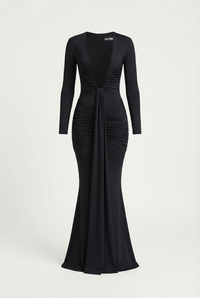 Bella Ruched Deep Plunge Maxi Dress – Black