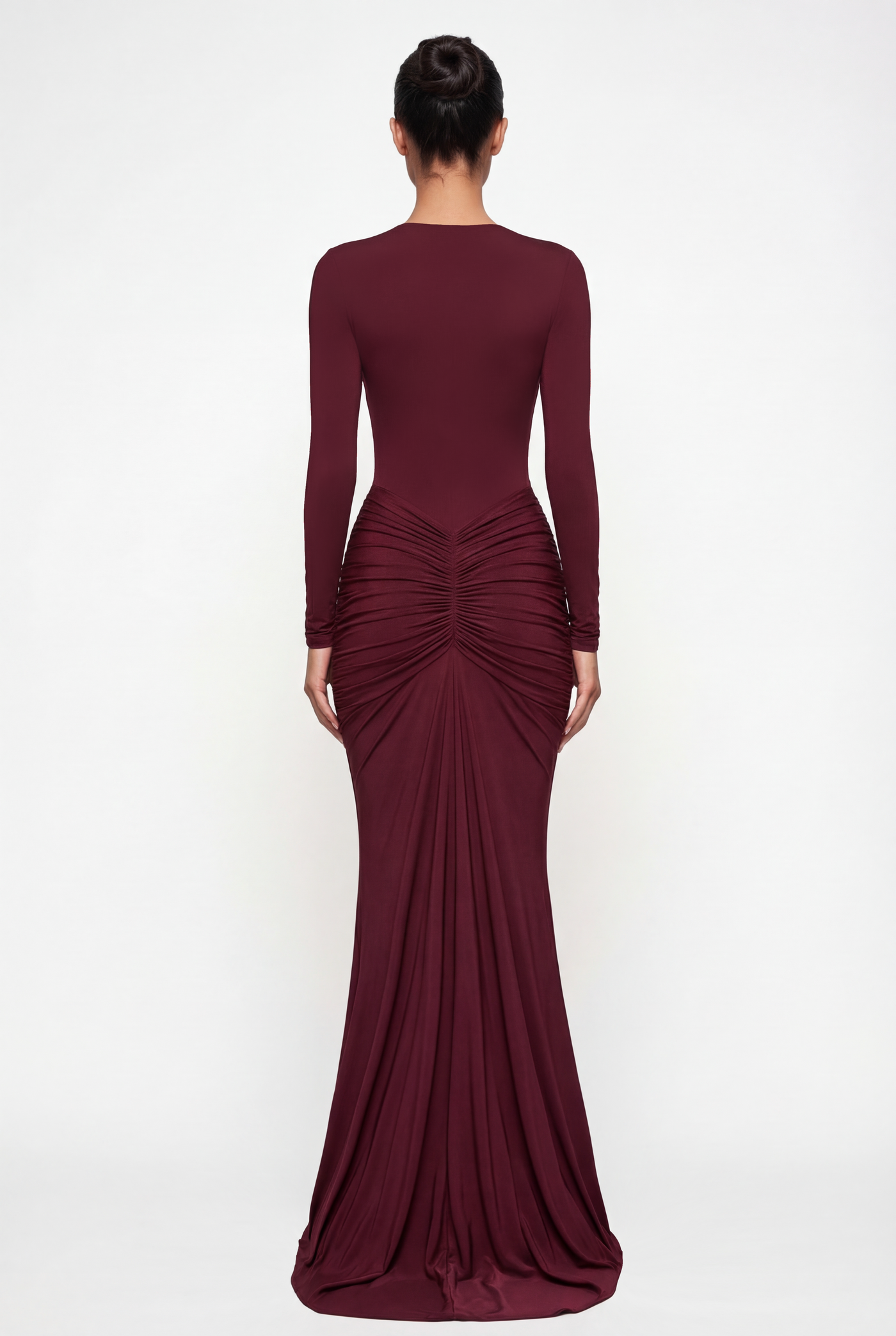 Bella Ruched Deep Plunge Maxi Dress – Burgundy