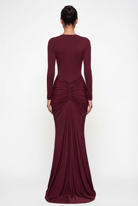 Bella Ruched Deep Plunge Maxi Dress – Burgundy