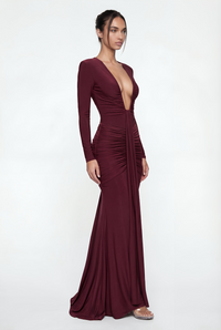 Bella Ruched Deep Plunge Maxi Dress – Burgundy