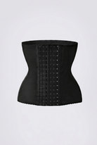 Black waist trainer with decorative elements on a light gray background