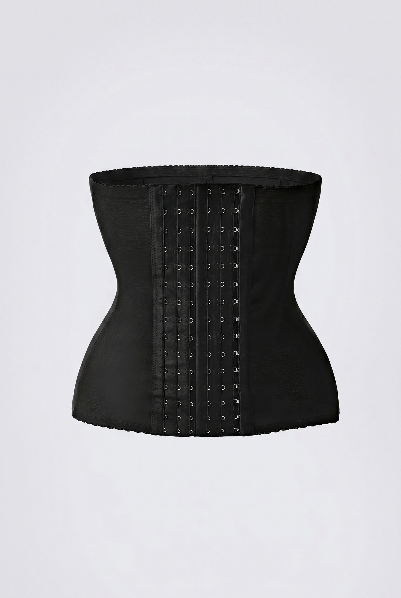 Black waist trainer with decorative elements on a light gray background