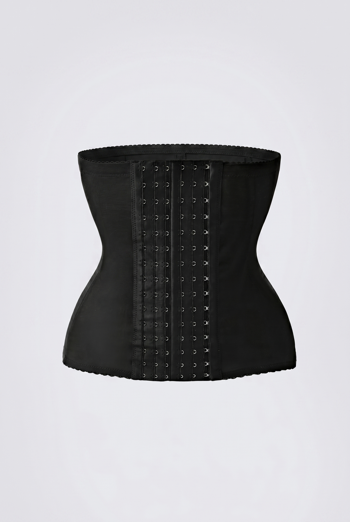 Black waist trainer with decorative elements on a light gray background