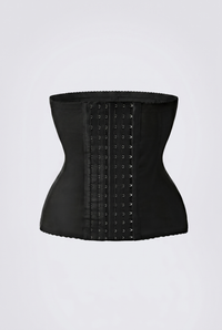 Black waist trainer with decorative elements on a light gray background