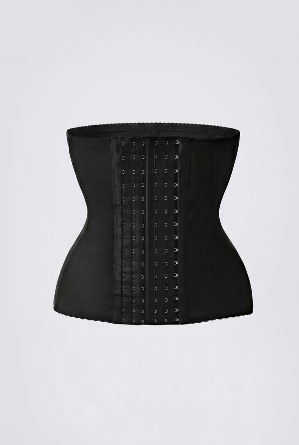 Black waist trainer with decorative elements on a light gray background