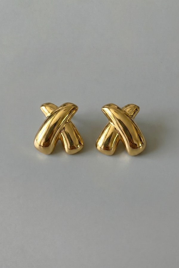 Pair of gold earrings on a gray background