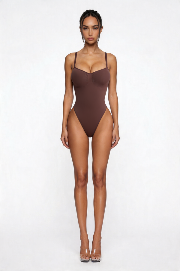 Woman wearing a brown bodyshaper on a white background