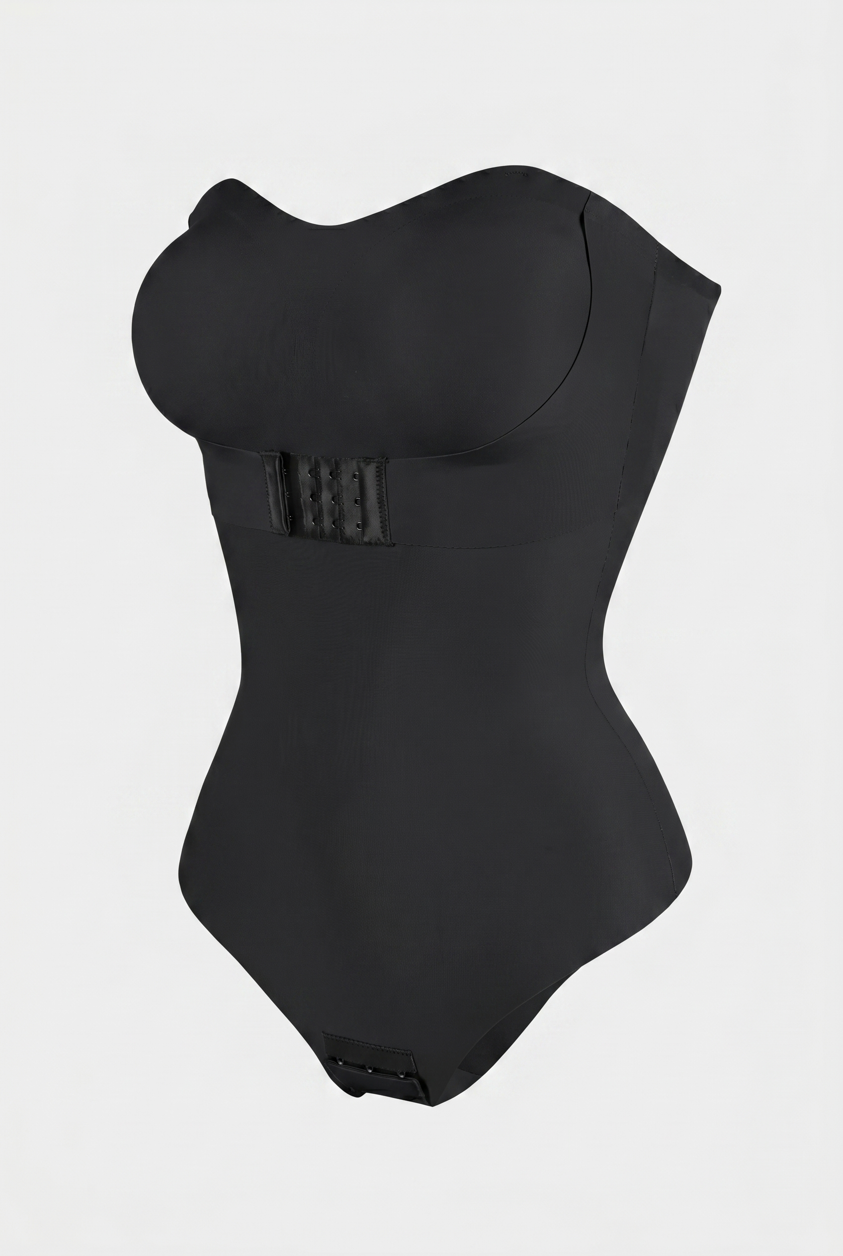 Black shapewear bodysuit on a light gray background