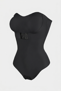 Black shapewear bodysuit on a light gray background
